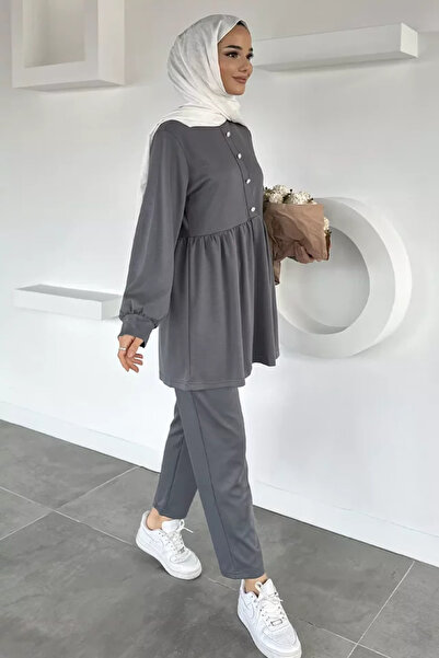 TOZLU Women's Stoned Buttoned Ruffled Tunic Trousers Hijab Double Set