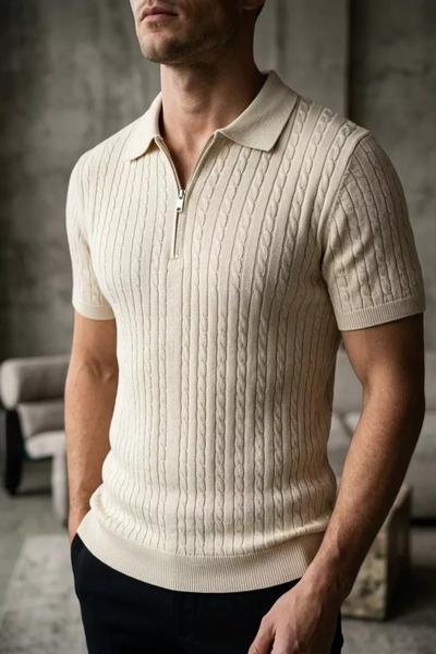 TOZLU Polo Collar Half Zipper Men's Knitwear T-Shirt