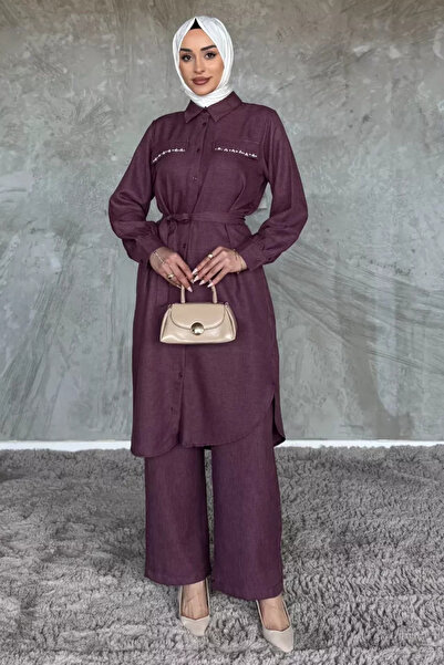 TOZLU Women's pearl and stone embellished belted tunic and pants hijab two-pi...