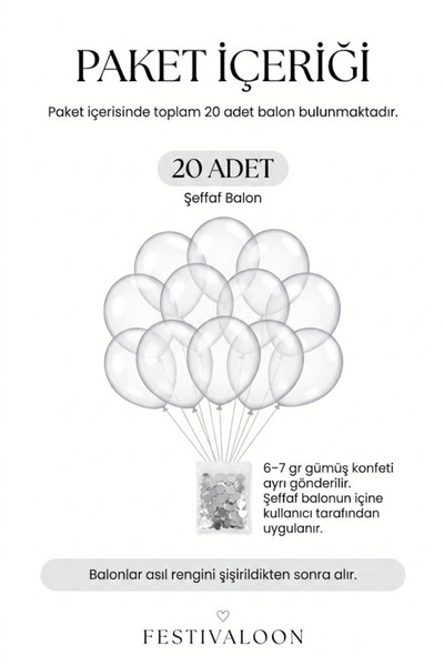 FESTİVALOON Set of 20 Transparent Balloons with Silver Confetti Birthday Engagement Promise Party Decoration Stylish Decoration Balloon