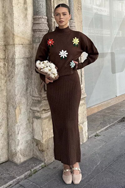 TOZLU Women's Half Turtleneck Embroidered Knitwear Blouse Dress Double Set