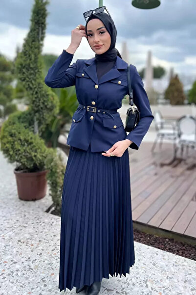 TOZLU Women's Belted Blazer Jacket Skirt Hijab Double Set