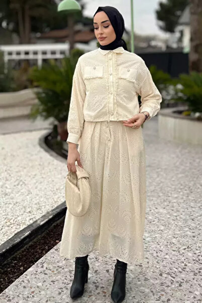 TOZLU Women's Tassel Detailed Pearl Buttoned Scalloped Hijab Shirt Skirt Doub...