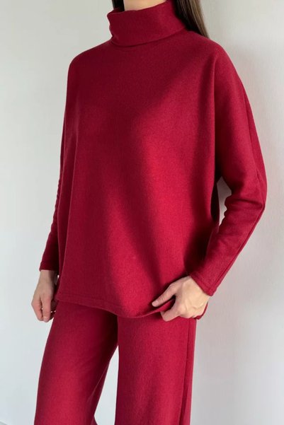 TOZLU Turtleneck Casual Blouse and Pants Double Set