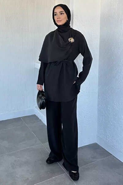 TOZLU Elastic Waist Trousers with Gold Buckle Detail, Tie-Waist Tunic, Islami...