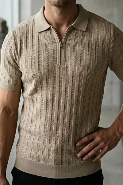 TOZLU Men's Polo Collar Half Zip Knitwear T-Shirt