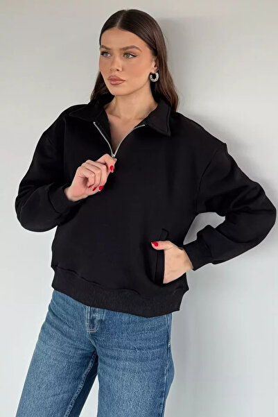 TOZLU High Collar Half Zipper Embroidered Women's Sweatshirt