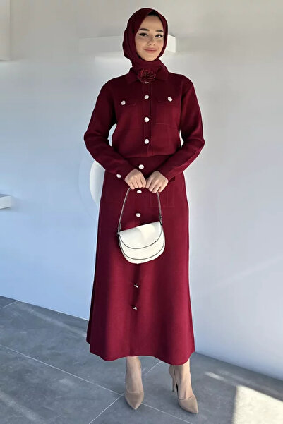 TOZLU Button Detailed Cardigan Skirt Hijab Knitwear Two-Piece Set (Available ...