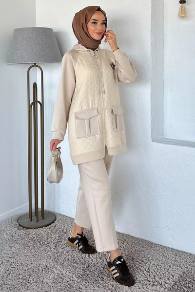 TOZLU Quilted Brooch Detailed Hooded Hijab Tunic and Elastic Waist Pants Doub...