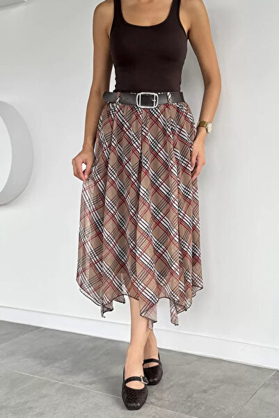 TOZLU Women's Belted Elastic Waist Plaid Patterned Tulle Skirt