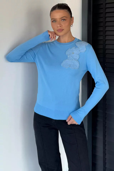 TOZLU Women's Crew Neck Floral Figured Knitwear Blouse