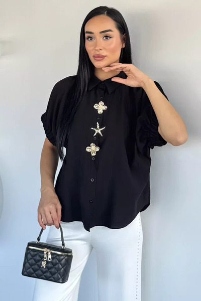 TOZLU Gülseli Women's Shirt with Elastic Sleeves and Button Accessories