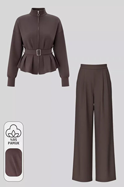 TOZLU Women's Belt Detailed Jacket and Elastic Waist Pants Double Set