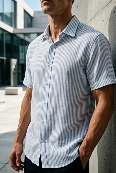 TOZLU Men's Striped Short Sleeve Linen Shirt