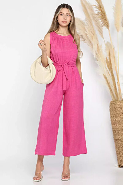 TOZLU Women's Crew Neck Waist Belted Jumpsuit