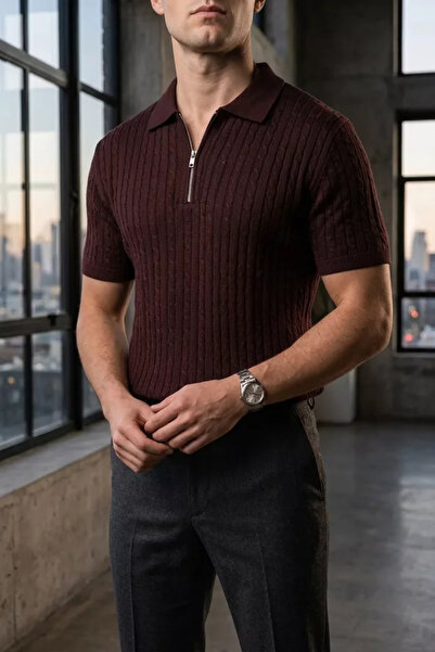 TOZLU Polo Collar Half Zipper Men's Knitwear T-Shirt