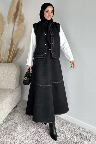 TOZLU Crew Neck Body Suede Vest Skirt Hijab Triple Set