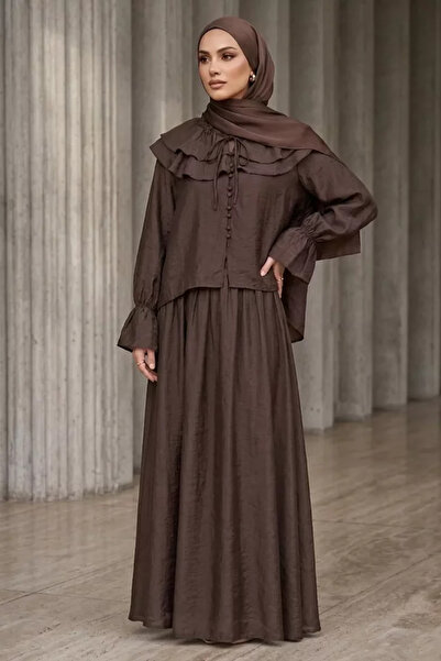 TOZLU Collared Lace-Up Lined Blouse Skirt Hijab Double Set