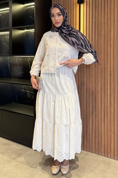 TOZLU Women's Stoned and Scalloped Shirt Skirt Hijab Two-Piece Set