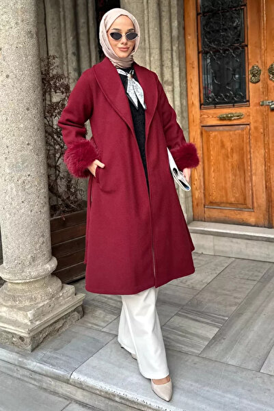 TOZLU Hooded Belted Sleeve End Plush Detailed Hijab Coat