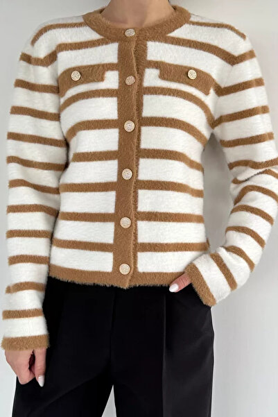 TOZLU Women's Striped Patterned Gold Buttoned Soft Knitwear Jacket (Available...