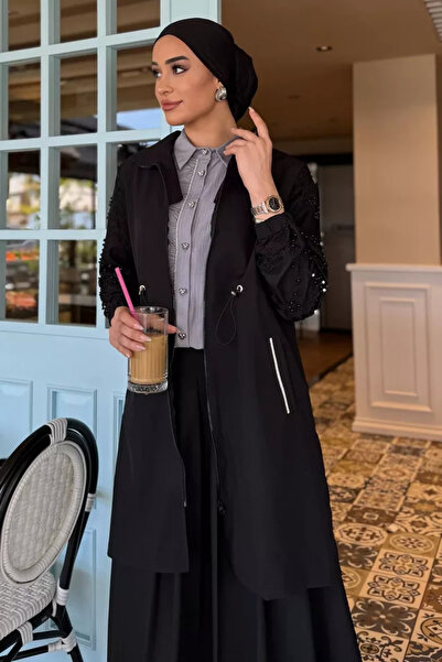 TOZLU Women's Pearl and Stone Embellished Waist Drawstring Hijab Trench Coat