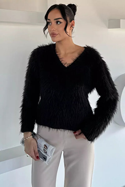 TOZLU Women's V-Neck Bearded Soft Knitwear Blouse