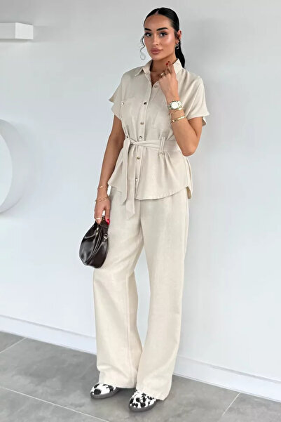 TOZLU Women's Waist-Tied Linen Shirt and Trousers Two-Piece Set