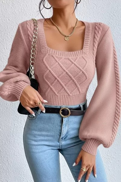 TOZLU Pulover de damă Gülseli cu guler pătrat, tricotat, cu model