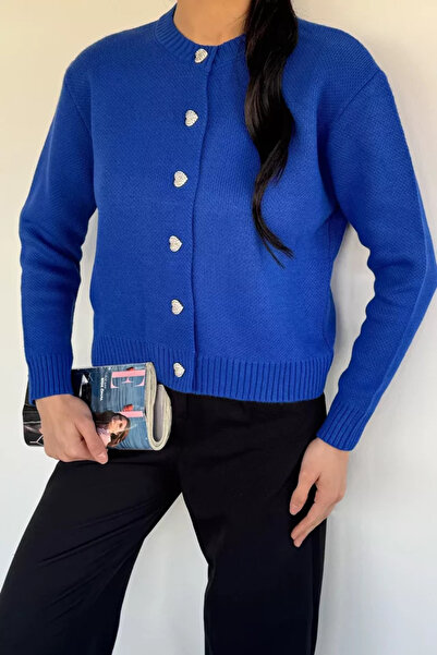 TOZLU Women's Stoned Heart Figured Buttoned Knitwear Cardigan