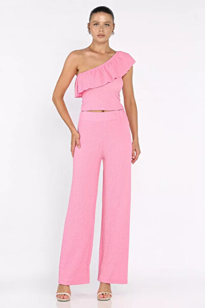 TOZLU Women's Self-Patterned One-Shoulder Blouse and Trousers Two-Piece Set