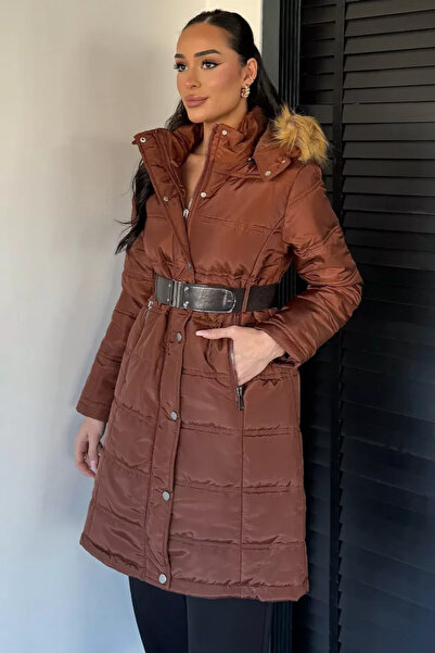 TOZLU Women's Hooded Fur Belted Inflatable Coat