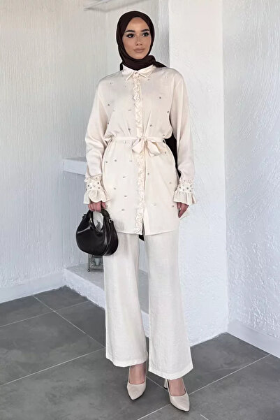 TOZLU Hijab Waist Belted Stoned Tunic Pants Double Set