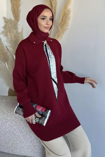 TOZLU Gülseli Polo Collar Hijab Accessory Tunic with Scarf Accessory