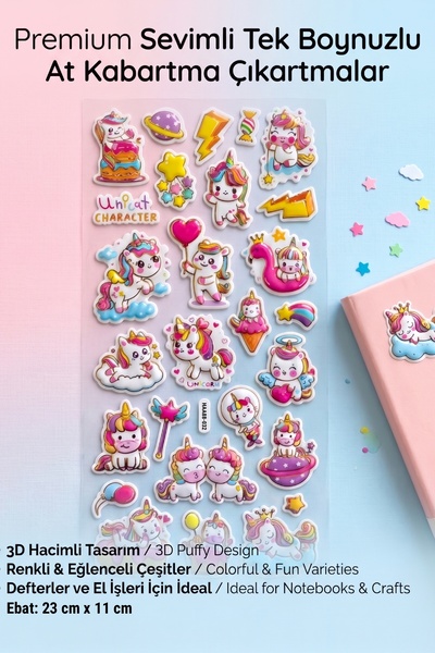 Sihirli Unicorn Kabartmalı Stickerlar - Gökkuşağı ve Yıldız Detaylı