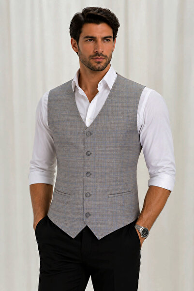 MENTOR REGALO Men's V-Neck Vest Light Brown Blue Plaid 50308
