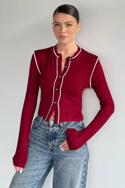 TOZLU Women's Piped Stretch Fabric cardigan