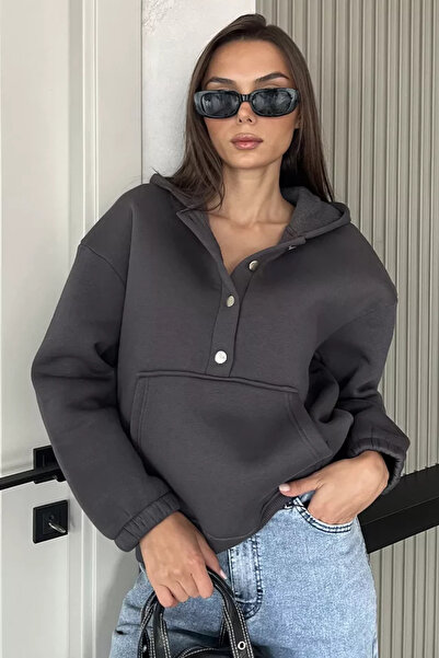 TOZLU Women's Hooded Sweatshirt with Kangaroo Pockets and Button Detail