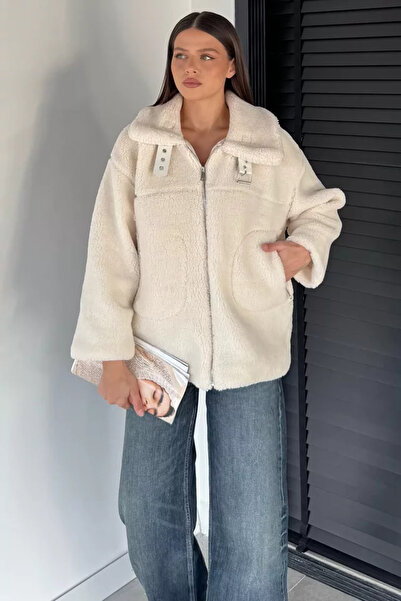 TOZLU Women's Plush Coat with Belt Detail at the Collar and Inner Lining