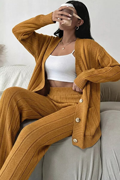 TOZLU Women's Front Buttoned Self-Line Patterned Knitwear Cardigan Trousers T...