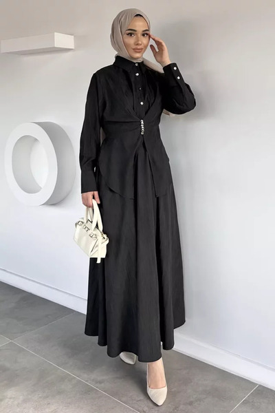 TOZLU Gülseli Nubuck Fabric Shirt Skirt Hijab Double Set