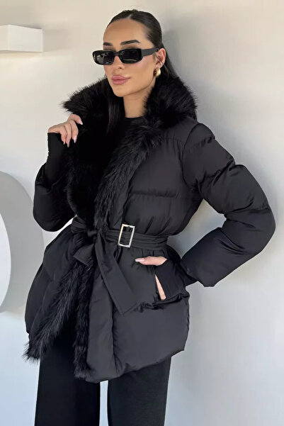 TOZLU Women's Plush Detailed Waist Belted Coat