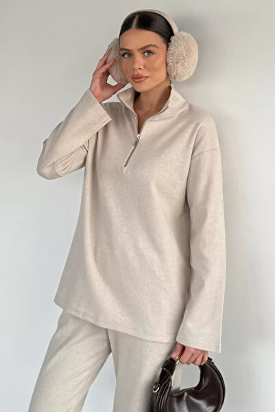 TOZLU Women's Polo Collar Thessaloniki Fabric Sweat Elastic Waist Pants Doubl...