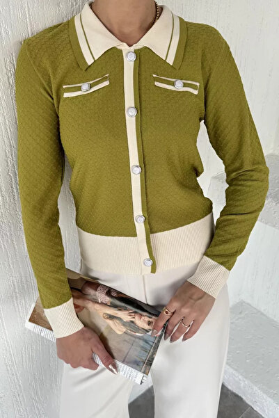 TOZLU Women's Polo Collar Knitwear Cardigan with Pearl Button Detail (Availab...