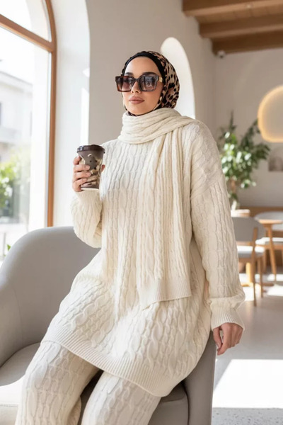 TOZLU Hair Braided Scarf Tunic Trousers Hijab Knitwear Three-Piece Set
