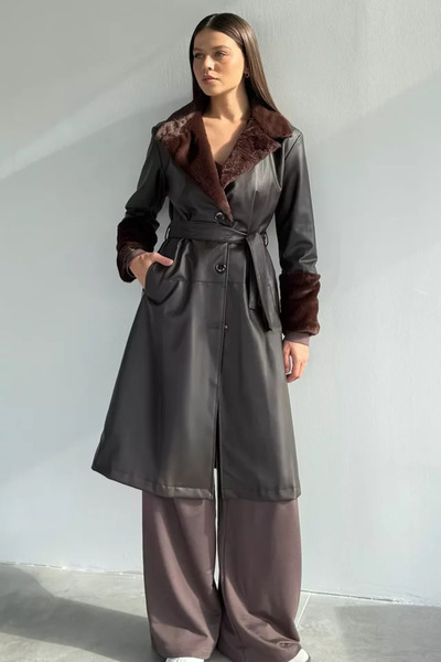 TOZLU Women's Faux Leather Trench Coat with Fur Trim at Collar and Ankles and...