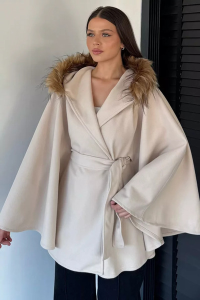 TOZLU Poncho de damă cu glugă și blană, cu legături în talie
