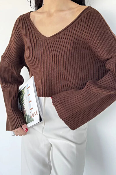 TOZLU V-Neck Crop Top Loose Knit Blouse