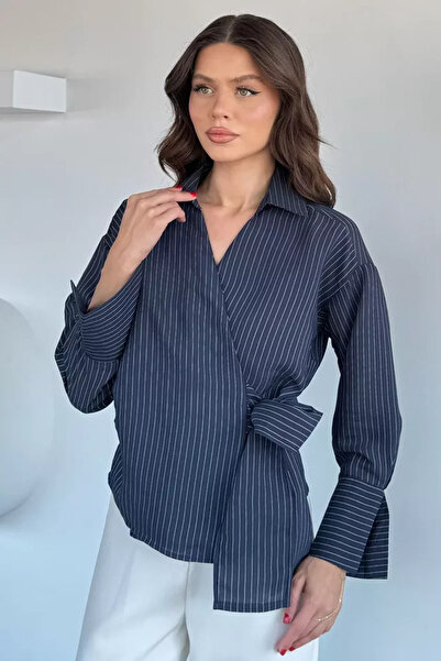 TOZLU Women's Striped Patterned Shirt with Waist Tie Detail