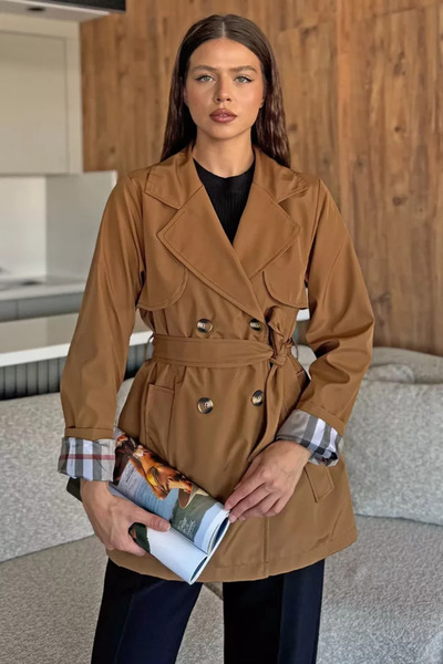 TOZLU Women's Front Buttoned Belted Trench Coat